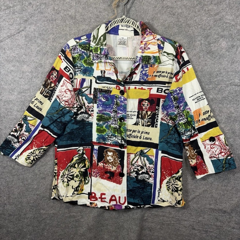 Parlsey & Sage Jacket Womens Sz L Multicolor Patchwork Textured Roll Tab‎